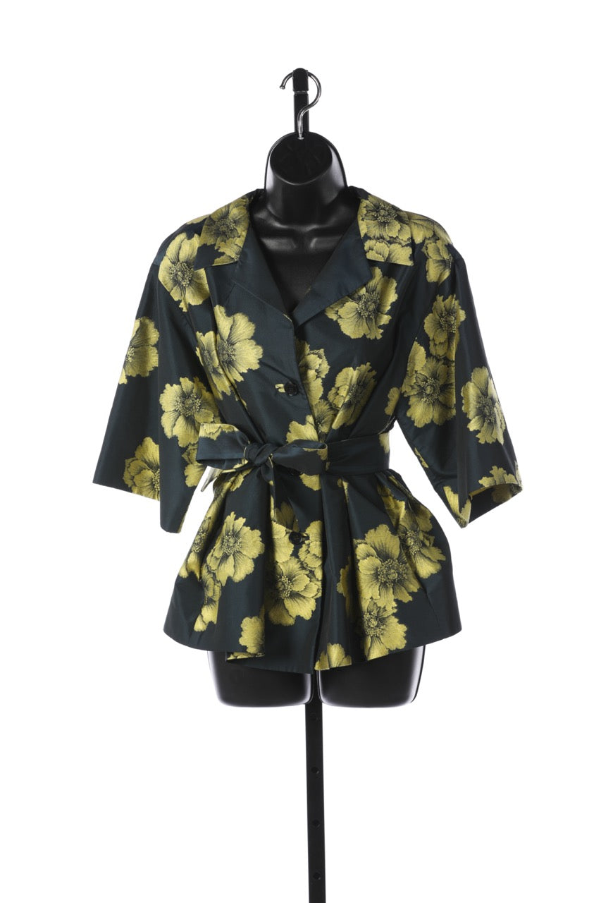 Etro Navy Lime Green Satin Floral Print Structured Belted Blouse