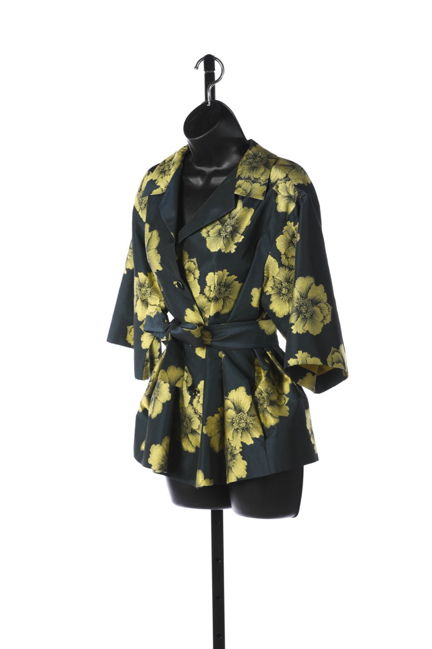 Etro Navy Lime Green Satin Floral Print Structured Belted Blouse