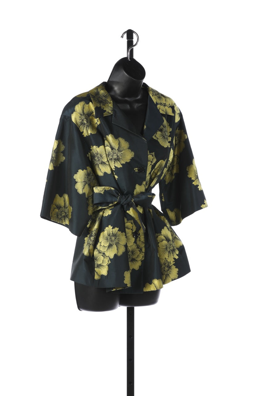 Etro Navy Lime Green Satin Floral Print Structured Belted Blouse