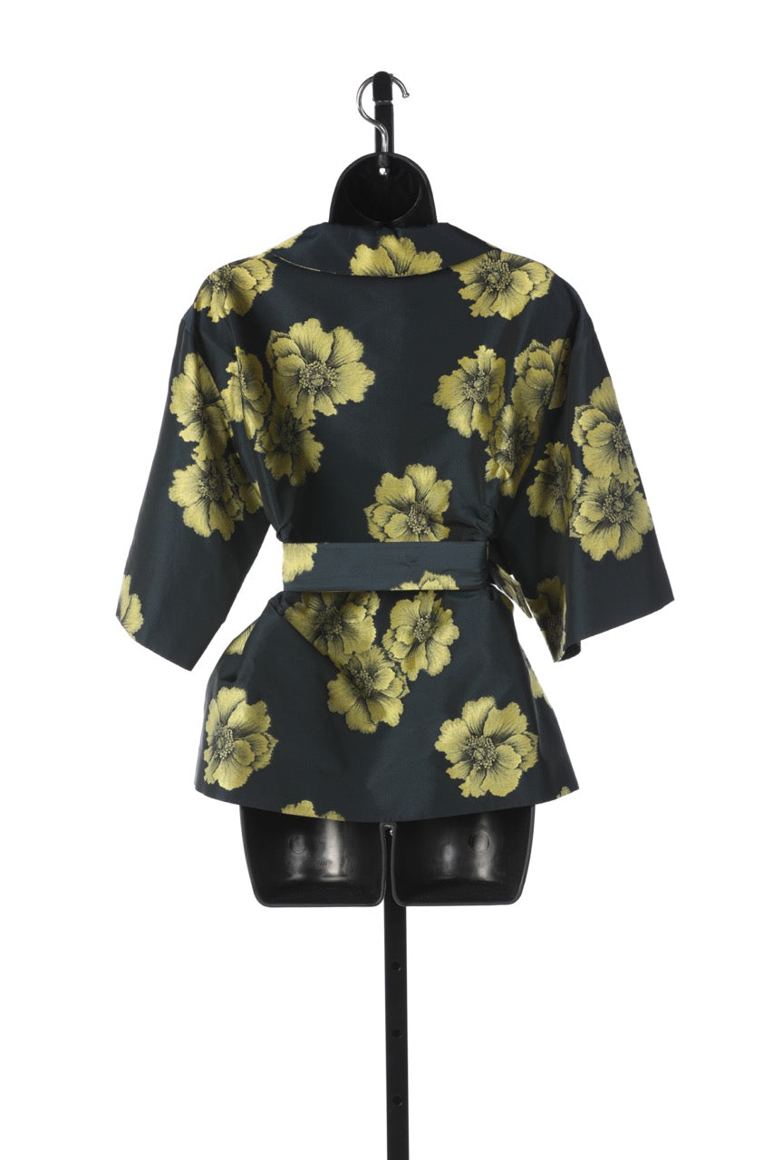 Etro Navy Lime Green Satin Floral Print Structured Belted Blouse