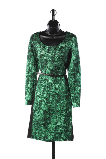 Oscar De La Renta Green + Black Scrunched Tie Dye Long Sleeve Dress NWT