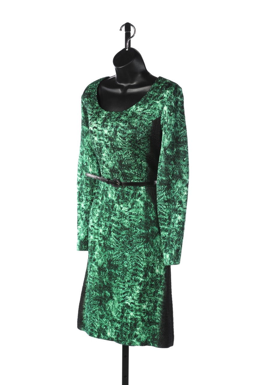 Oscar De La Renta Green + Black Scrunched Tie Dye Long Sleeve Dress NWT