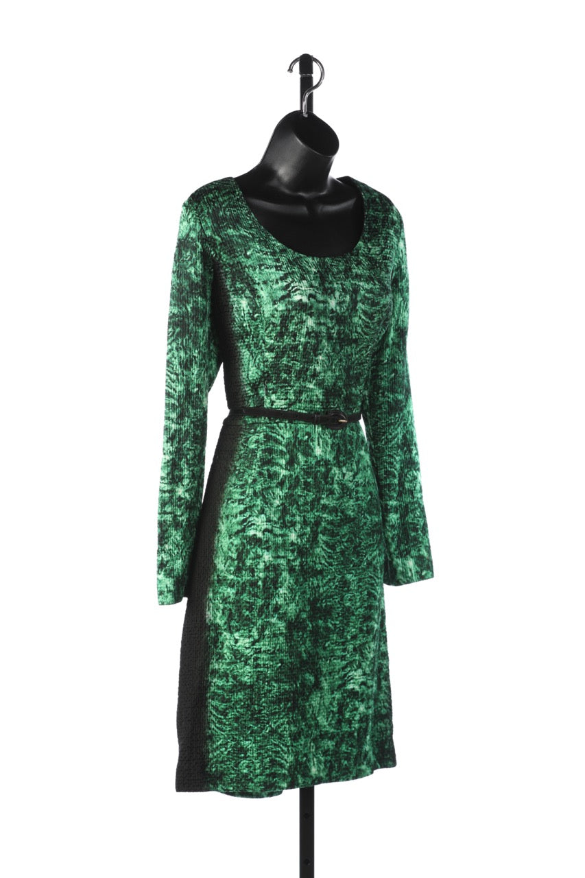 Oscar De La Renta Green + Black Scrunched Tie Dye Long Sleeve Dress NWT