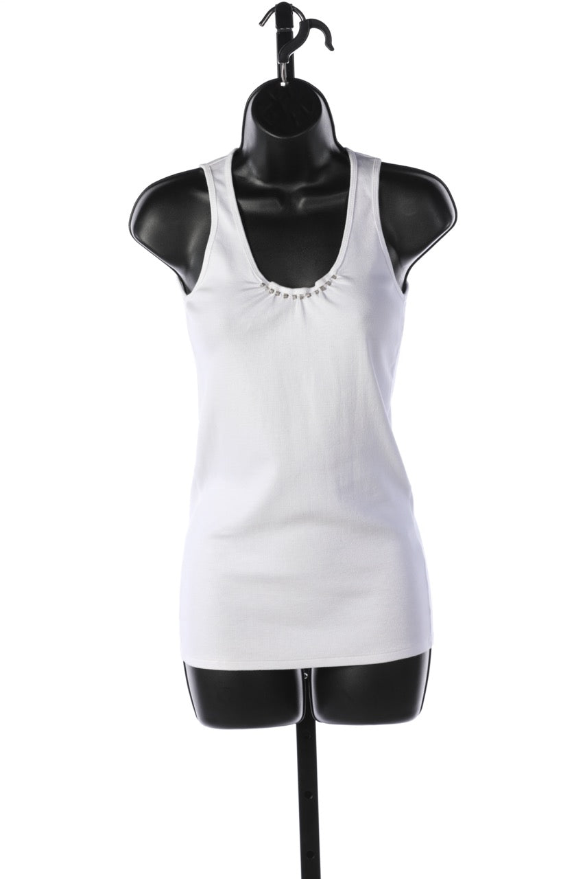 Brunello Cucinelli White Crew-Neck Sleeveless Tank w/ Silver Stones