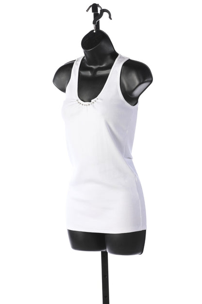 Brunello Cucinelli White Crew-Neck Sleeveless Tank w/ Silver Stones