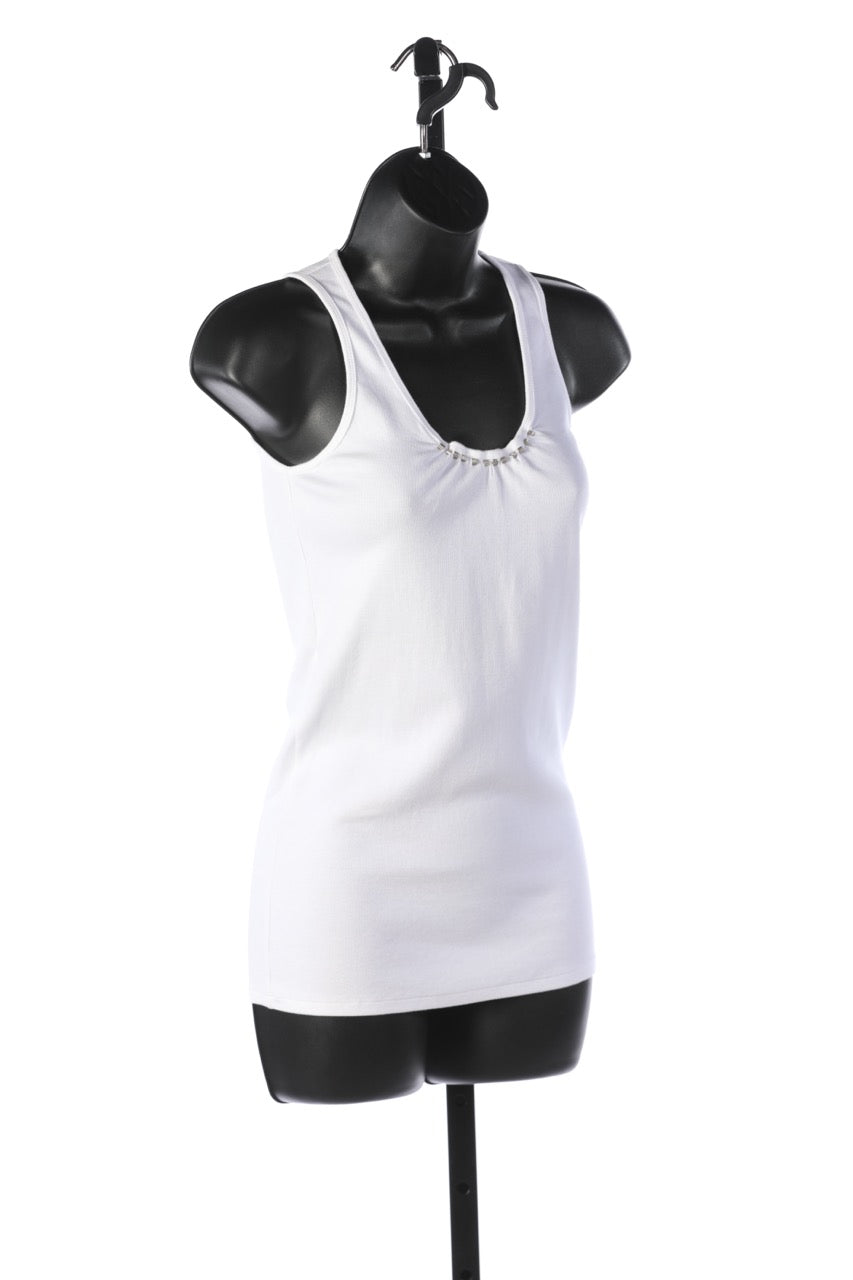 Brunello Cucinelli White Crew-Neck Sleeveless Tank w/ Silver Stones