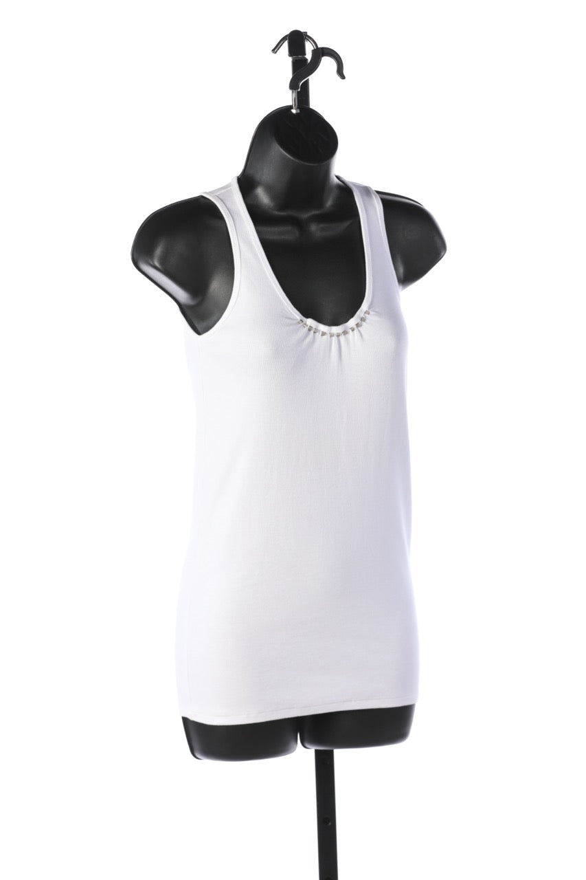 Brunello Cucinelli White Crew-Neck Sleeveless Tank w/ Silver Stones