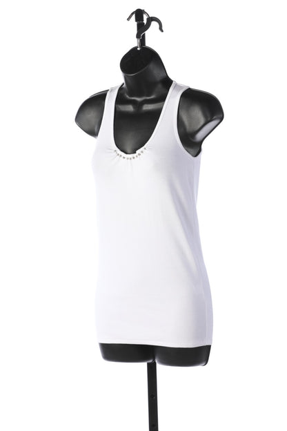 Brunello Cucinelli White Crew-Neck Sleeveless Tank w/ Silver Stones