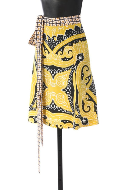 Etro Silk Yellow & Black Pattern Knee Length Skirt w/ Tie Detail (Part of Set) NWT