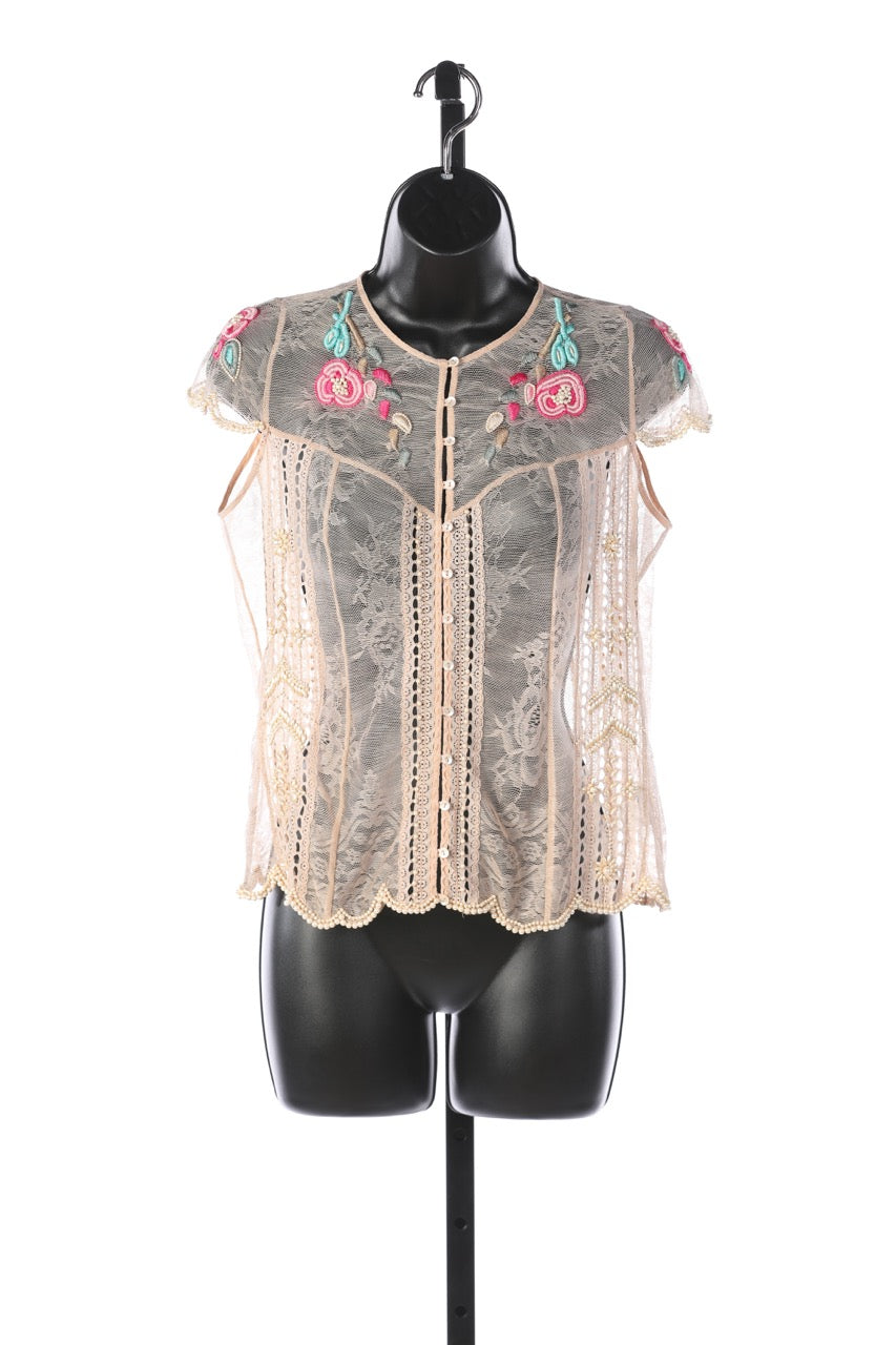 Matthew Williamson Nude Lace Short-Sleeve Button-Down Blouse w/Woven & Beaded Flowers