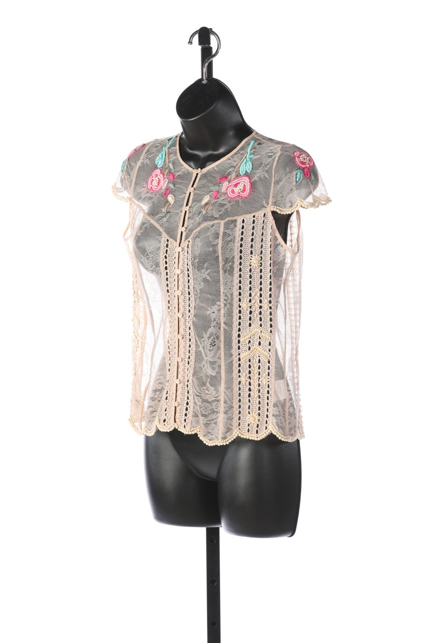 Matthew Williamson Nude Lace Short-Sleeve Button-Down Blouse w/Woven & Beaded Flowers