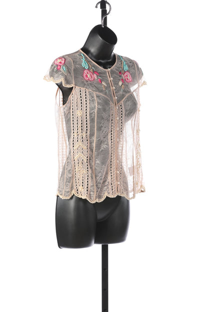 Matthew Williamson Nude Lace Short-Sleeve Button-Down Blouse w/Woven & Beaded Flowers