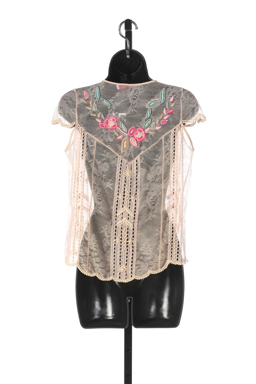 Matthew Williamson Nude Lace Short-Sleeve Button-Down Blouse w/Woven & Beaded Flowers