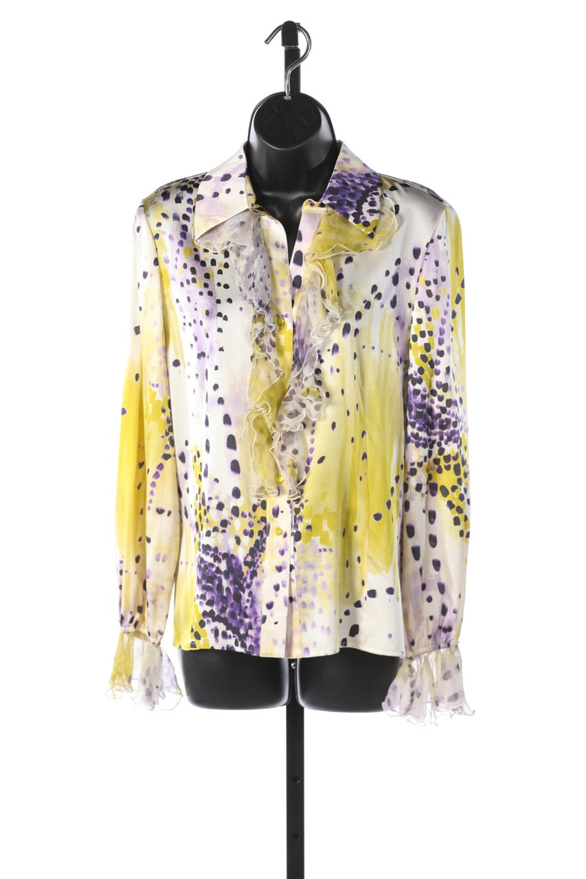 St. John Purple/Yellow/Cream Dotted Print Silk Long Sleeve Blouse w Ruffle Detail on Collar & Sleeves NWT