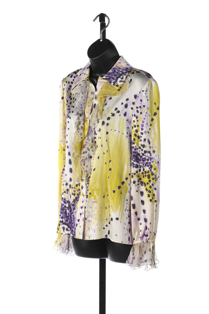 St. John Purple/Yellow/Cream Dotted Print Silk Long Sleeve Blouse w Ruffle Detail on Collar & Sleeves NWT