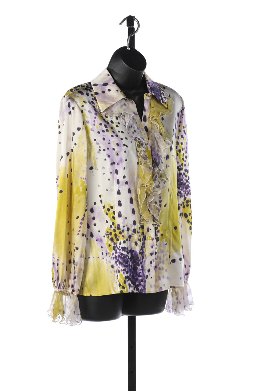 St. John Purple/Yellow/Cream Dotted Print Silk Long Sleeve Blouse w Ruffle Detail on Collar & Sleeves NWT