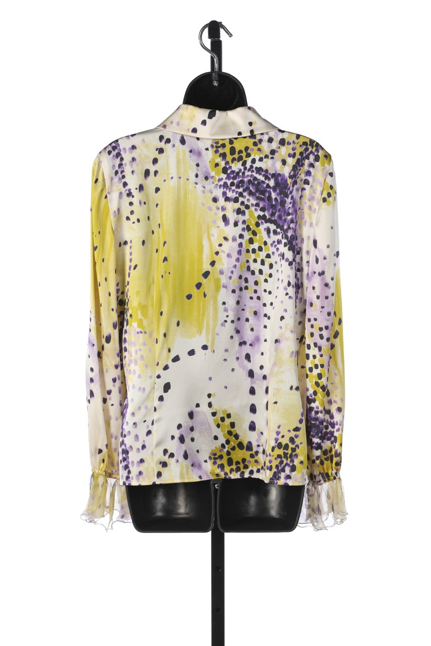 St. John Purple/Yellow/Cream Dotted Print Silk Long Sleeve Blouse w Ruffle Detail on Collar & Sleeves NWT