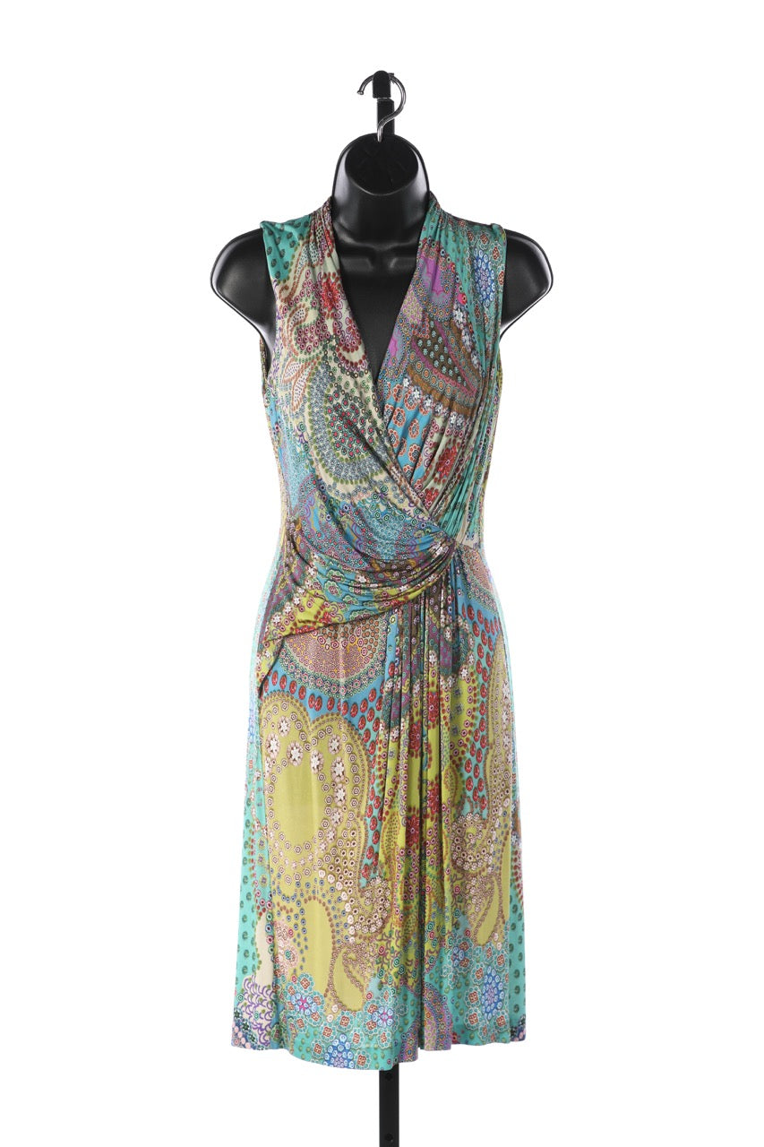 Etro Multi Color Floral/Paisley Sleeveless V-Neck Faux Wrap Knee-Length Dress