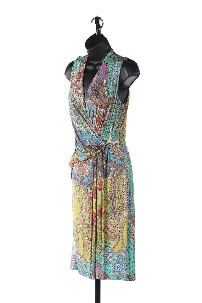 Etro Multi Color Floral/Paisley Sleeveless V-Neck Faux Wrap Knee-Length Dress