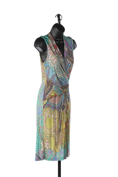 Etro Multi Color Floral/Paisley Sleeveless V-Neck Faux Wrap Knee-Length Dress