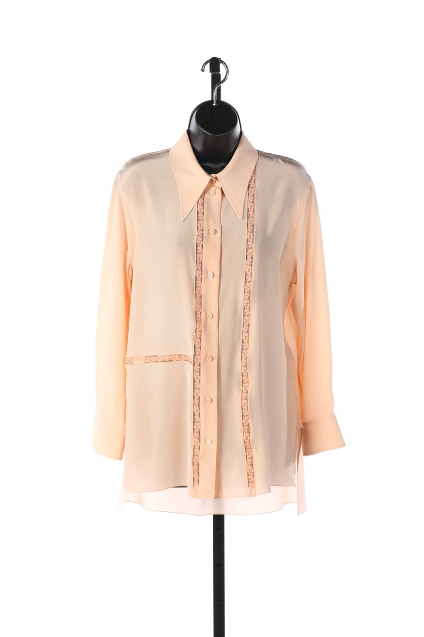 Chloe Delicate Pink Silk Long Sleeve Button-down w/ Lace Detail NWT