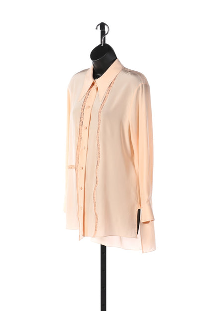 Chloe Delicate Pink Silk Long Sleeve Button-down w/ Lace Detail NWT