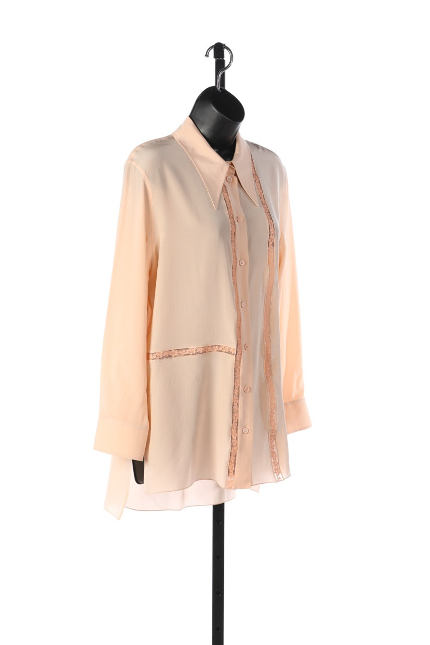 Chloe Delicate Pink Silk Long Sleeve Button-down w/ Lace Detail NWT