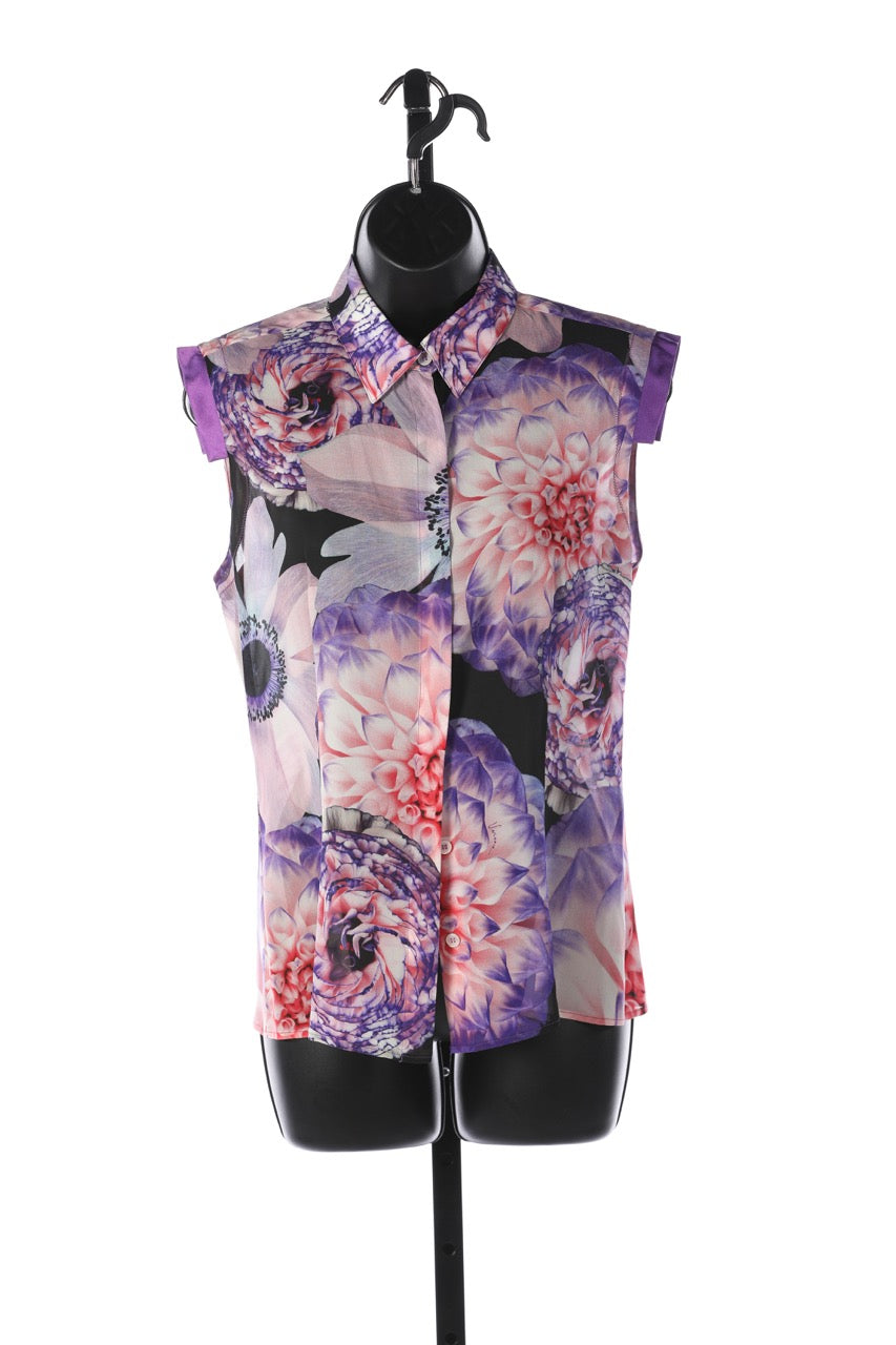 Versace Silk Pink & Purple Sheer Floral Button Down Sleeveless Blouse