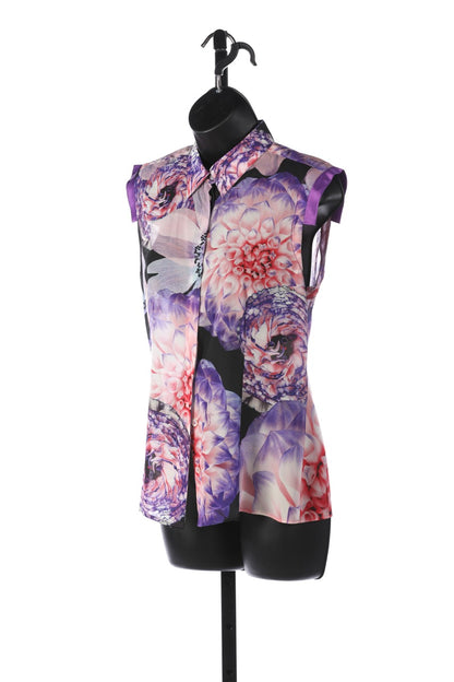 Versace Silk Pink & Purple Sheer Floral Button Down Sleeveless Blouse