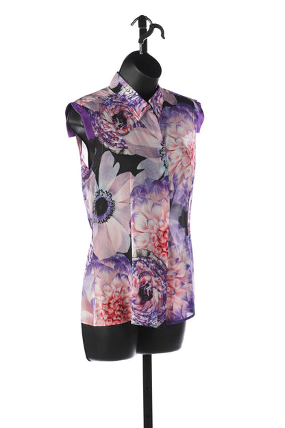 Versace Silk Pink & Purple Sheer Floral Button Down Sleeveless Blouse