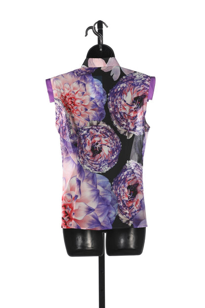 Versace Silk Pink & Purple Sheer Floral Button Down Sleeveless Blouse