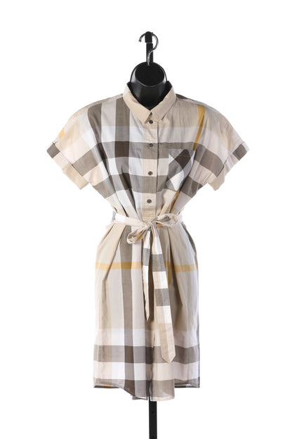 Burberry Brit Yellow/Brown Check Short Sleeve Button Up Collared Shirt Dress w Waist Tie