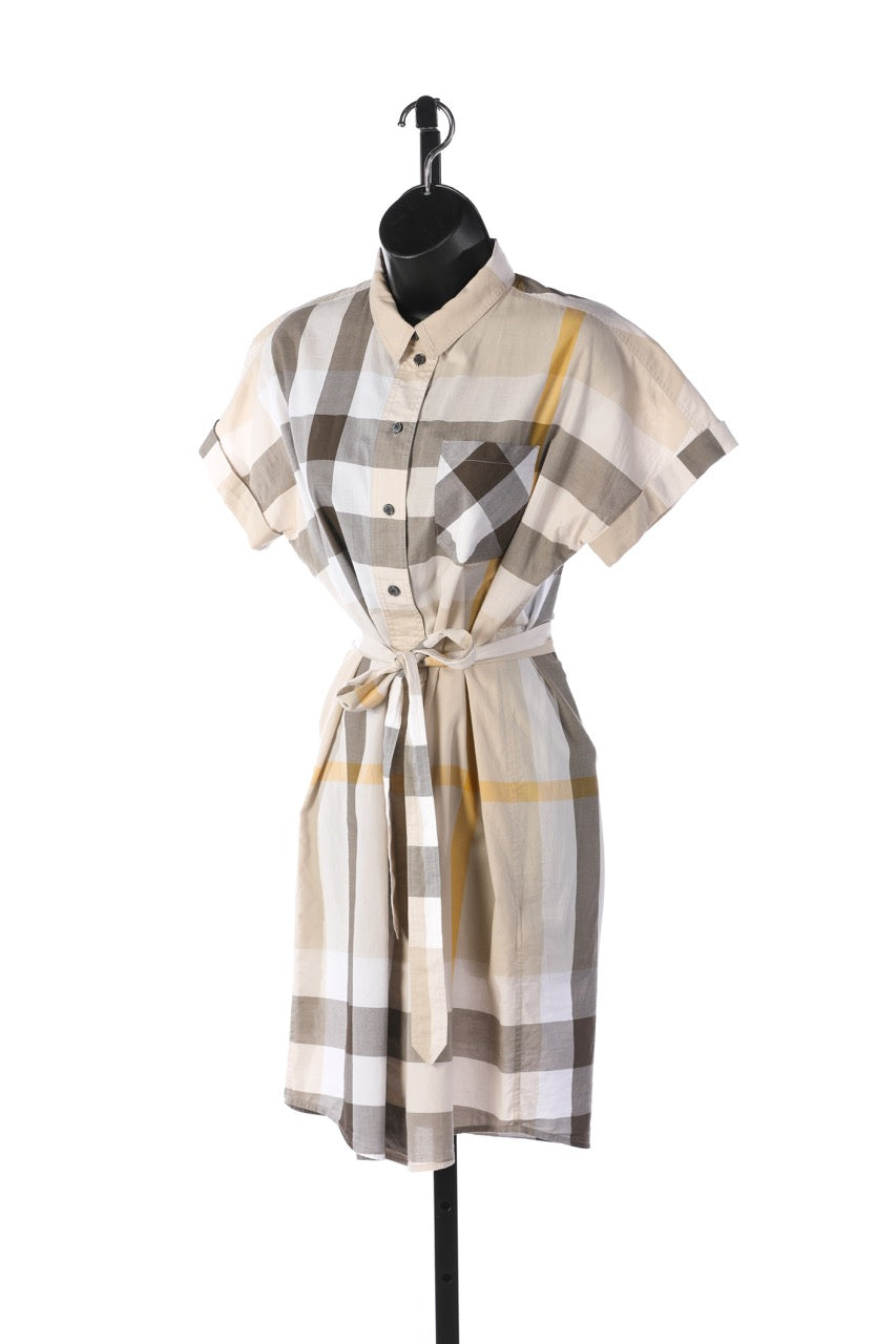 Burberry Brit Yellow/Brown Check Short Sleeve Button Up Collared Shirt Dress w Waist Tie