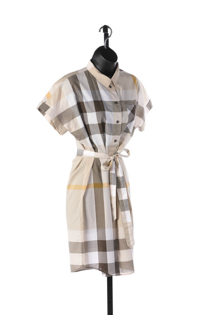 Burberry Brit Yellow/Brown Check Short Sleeve Button Up Collared Shirt Dress w Waist Tie