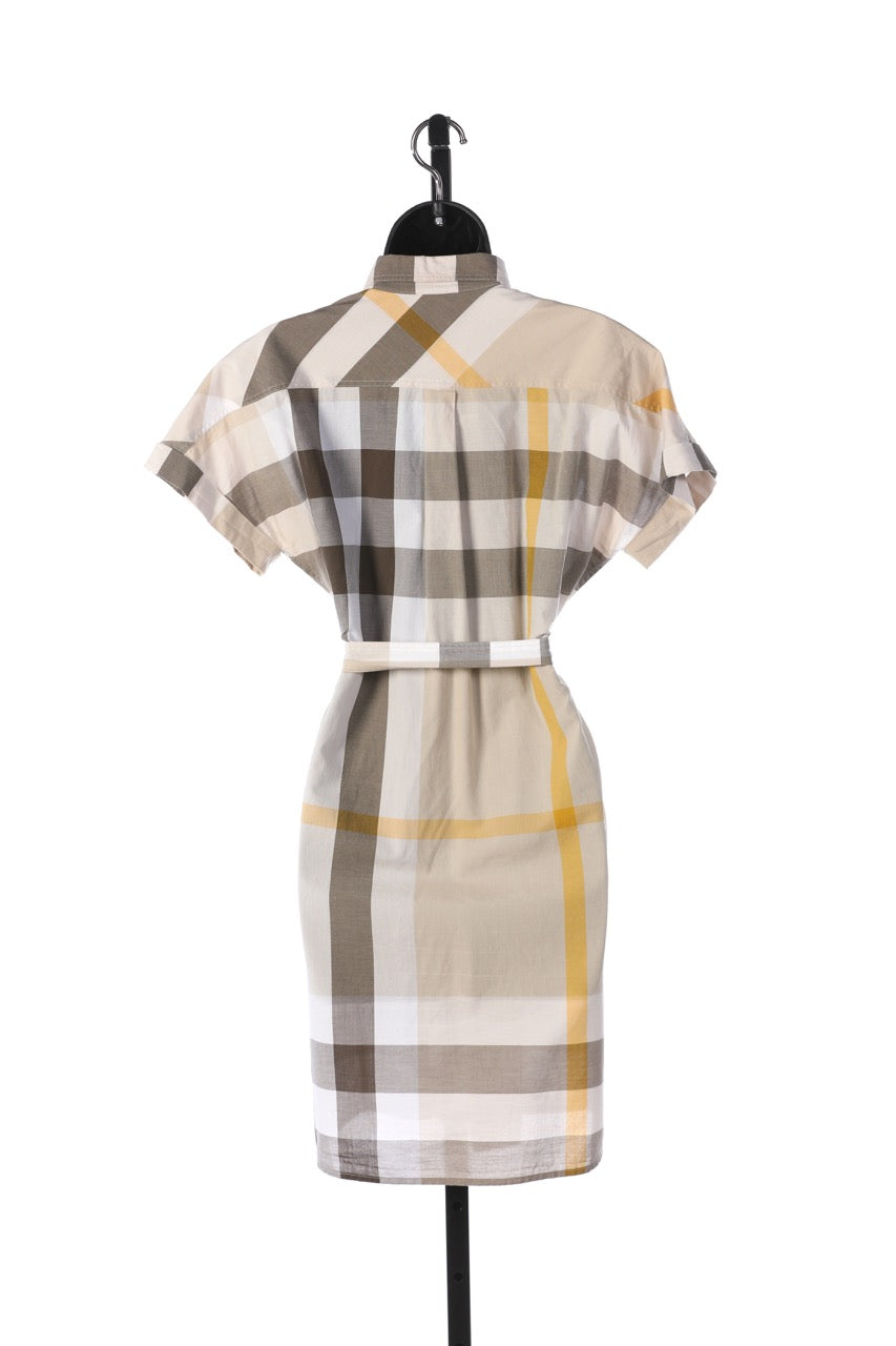 Burberry Brit Yellow/Brown Check Short Sleeve Button Up Collared Shirt Dress w Waist Tie