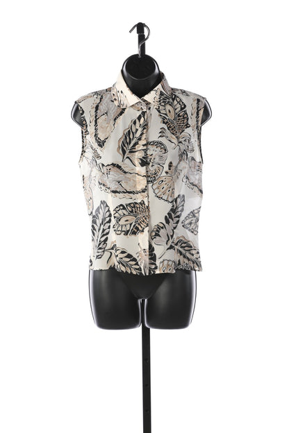 Fendi Silk Neutral Color Butterfly Print Sleeveless Collared Blouse