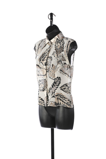 Fendi Silk Neutral Color Butterfly Print Sleeveless Collared Blouse