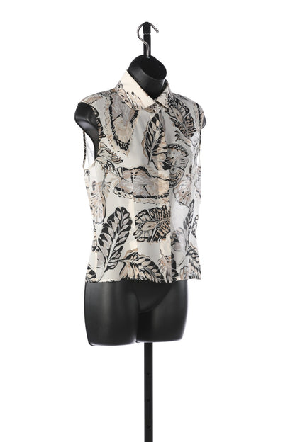 Fendi Silk Neutral Color Butterfly Print Sleeveless Collared Blouse