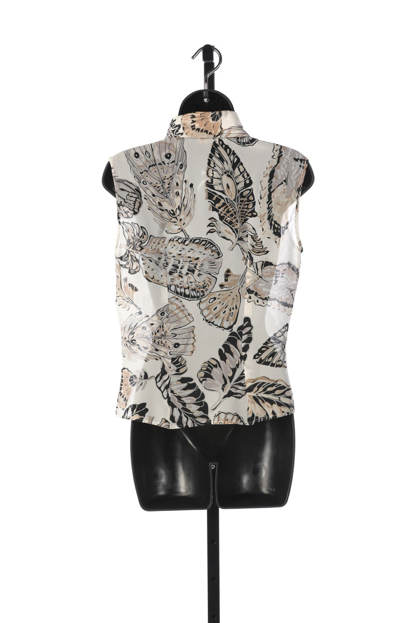 Fendi Silk Neutral Color Butterfly Print Sleeveless Collared Blouse