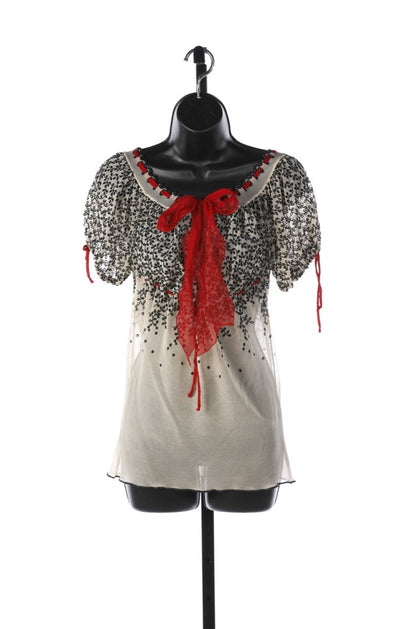 Jean Paul Gaultier White Short-Sleeve Mesh Blouse w/ Red Ribbon & Black Embroidery