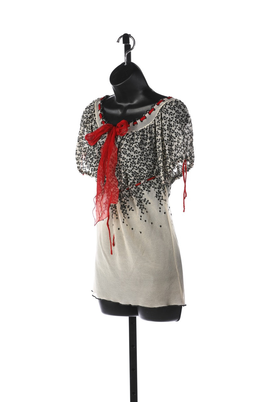 Jean Paul Gaultier White Short-Sleeve Mesh Blouse w/ Red Ribbon & Black Embroidery