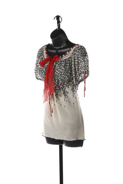 Jean Paul Gaultier White Short-Sleeve Mesh Blouse w/ Red Ribbon & Black Embroidery