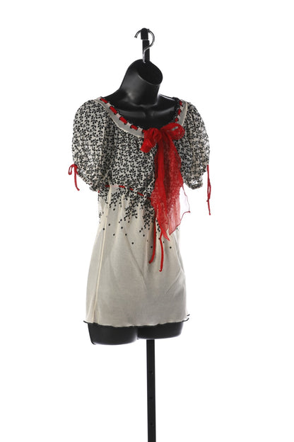 Jean Paul Gaultier White Short-Sleeve Mesh Blouse w/ Red Ribbon & Black Embroidery