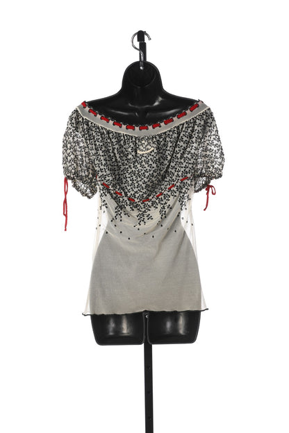 Jean Paul Gaultier White Short-Sleeve Mesh Blouse w/ Red Ribbon & Black Embroidery