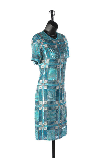 Naeem Khan Riazee Ice Blue Beaded Knee-length Dress w/ Square Beaded Pattern