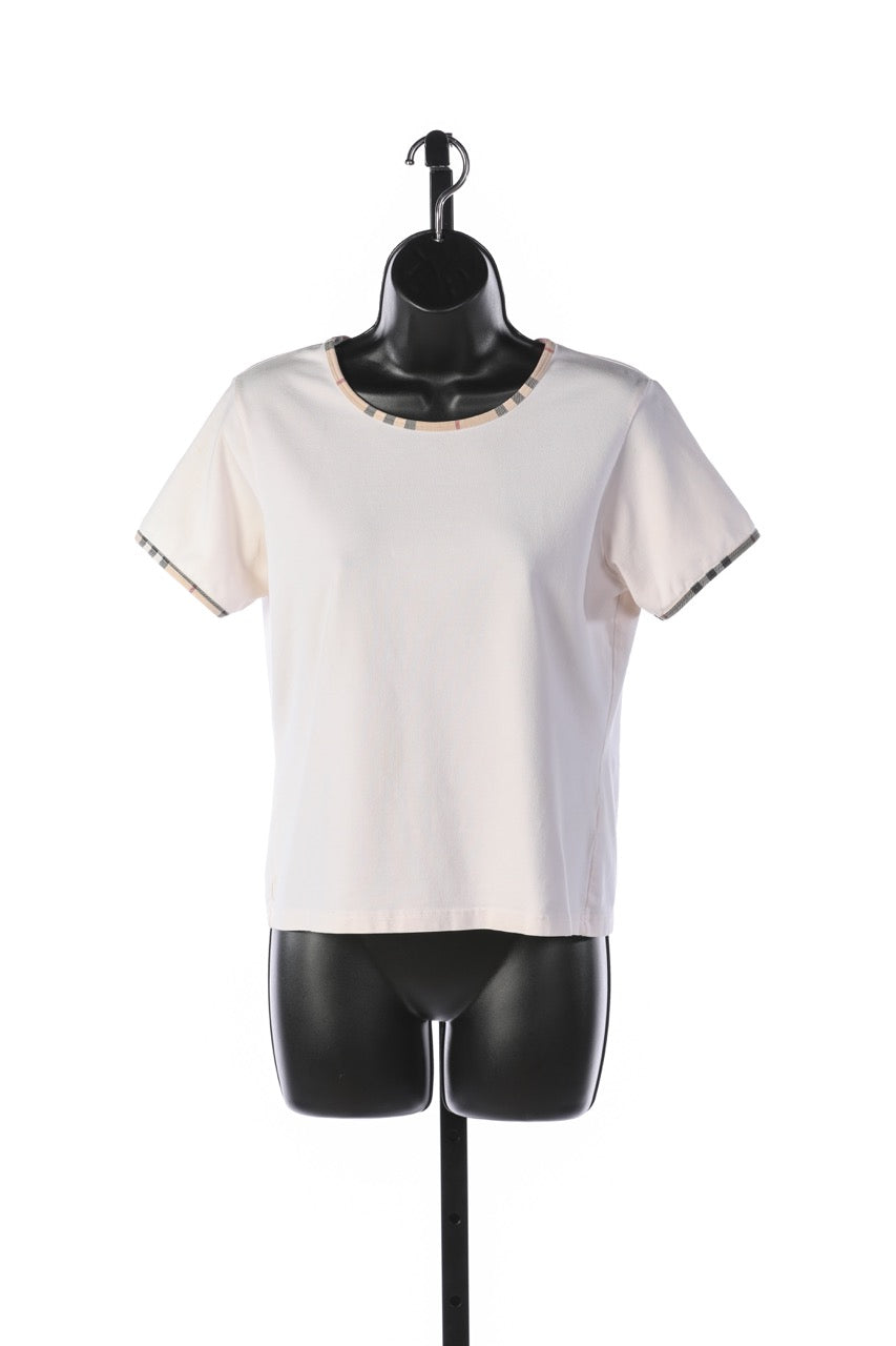 Burberry White Short Sleeve Cotton Crew Neck Tee w/ Plaid Lining