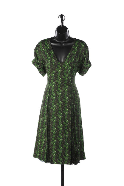 Prada Green Short-sleeve V-Neck Dress w/ Heart-Shaped Print