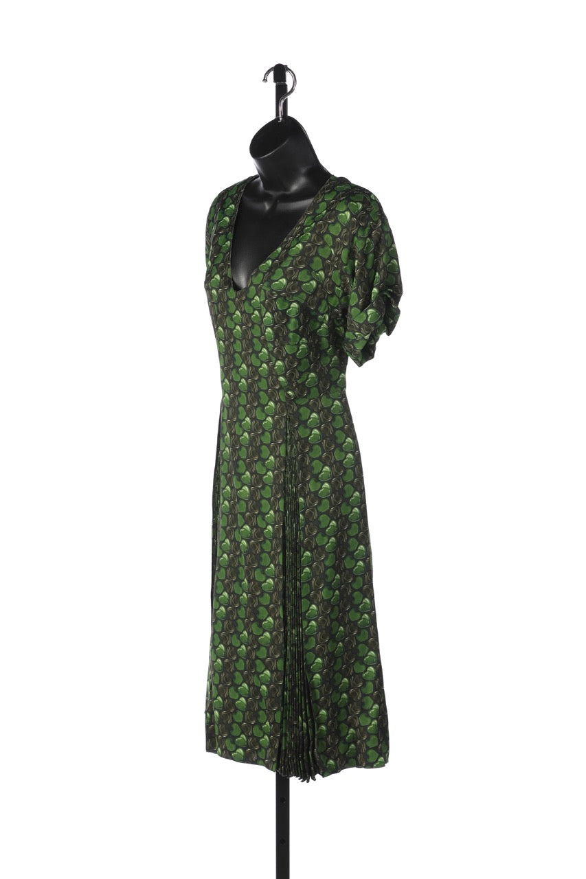 Prada Green Short-sleeve V-Neck Dress w/ Heart-Shaped Print