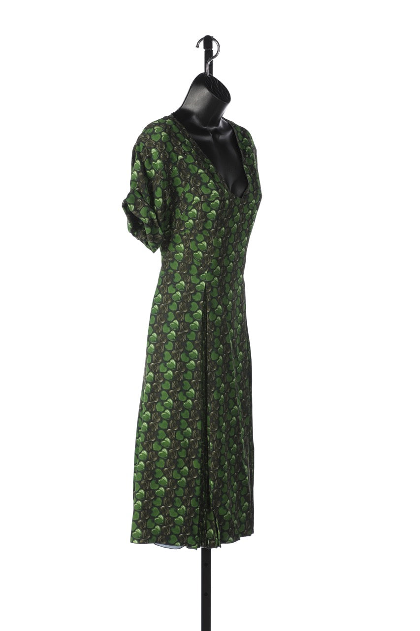 Prada Green Short-sleeve V-Neck Dress w/ Heart-Shaped Print