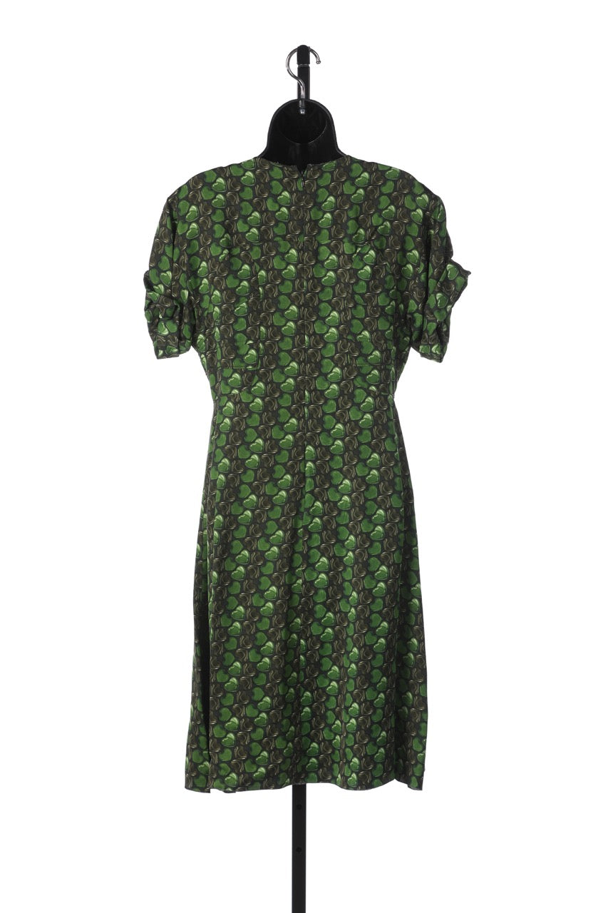 Prada Green Short-sleeve V-Neck Dress w/ Heart-Shaped Print